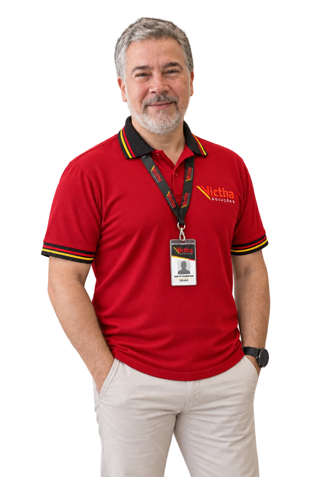 Julio com uniforme vermelho da Victha Soluções